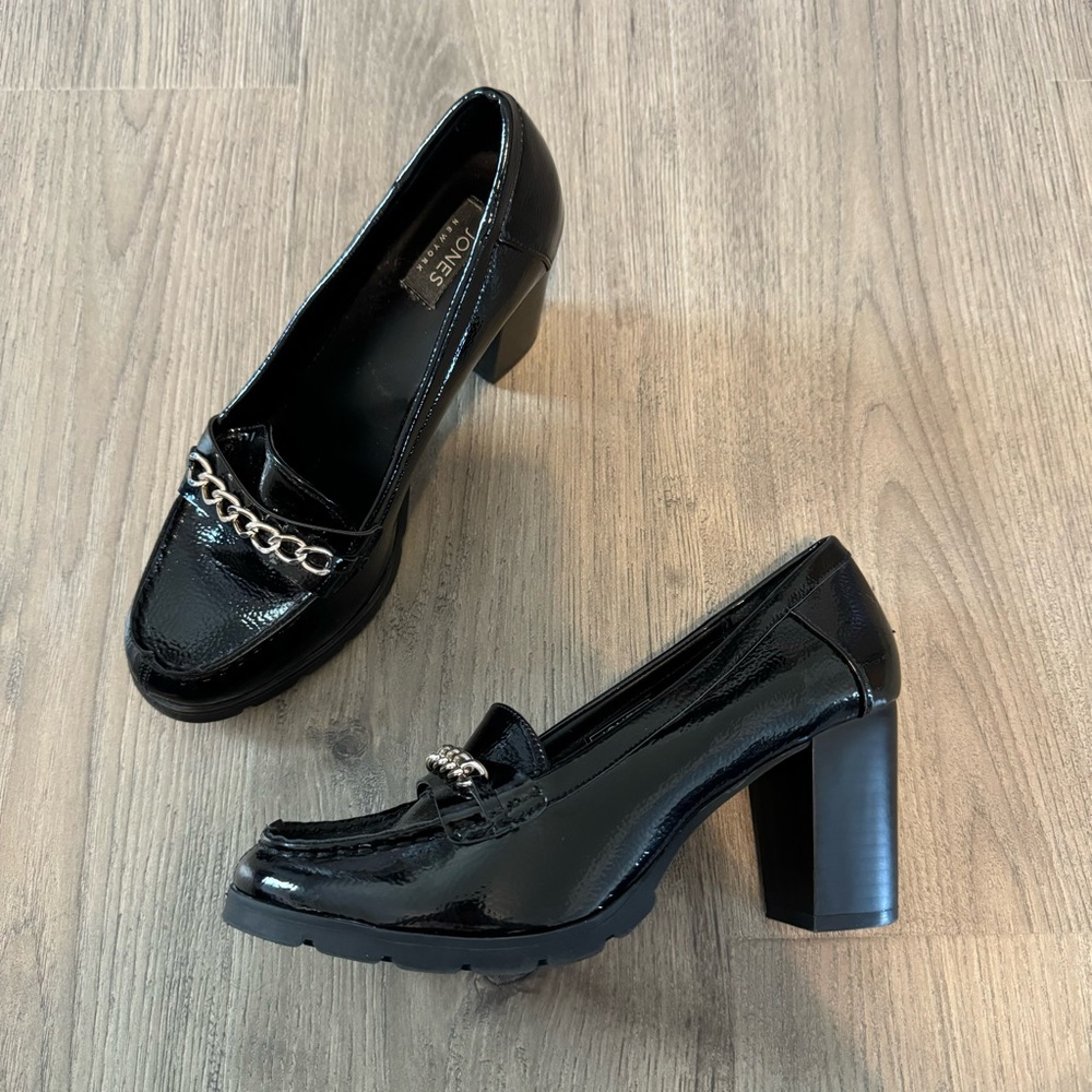 Jones New York Black Chunky Block Platform Heels with Chain Detail Size 9